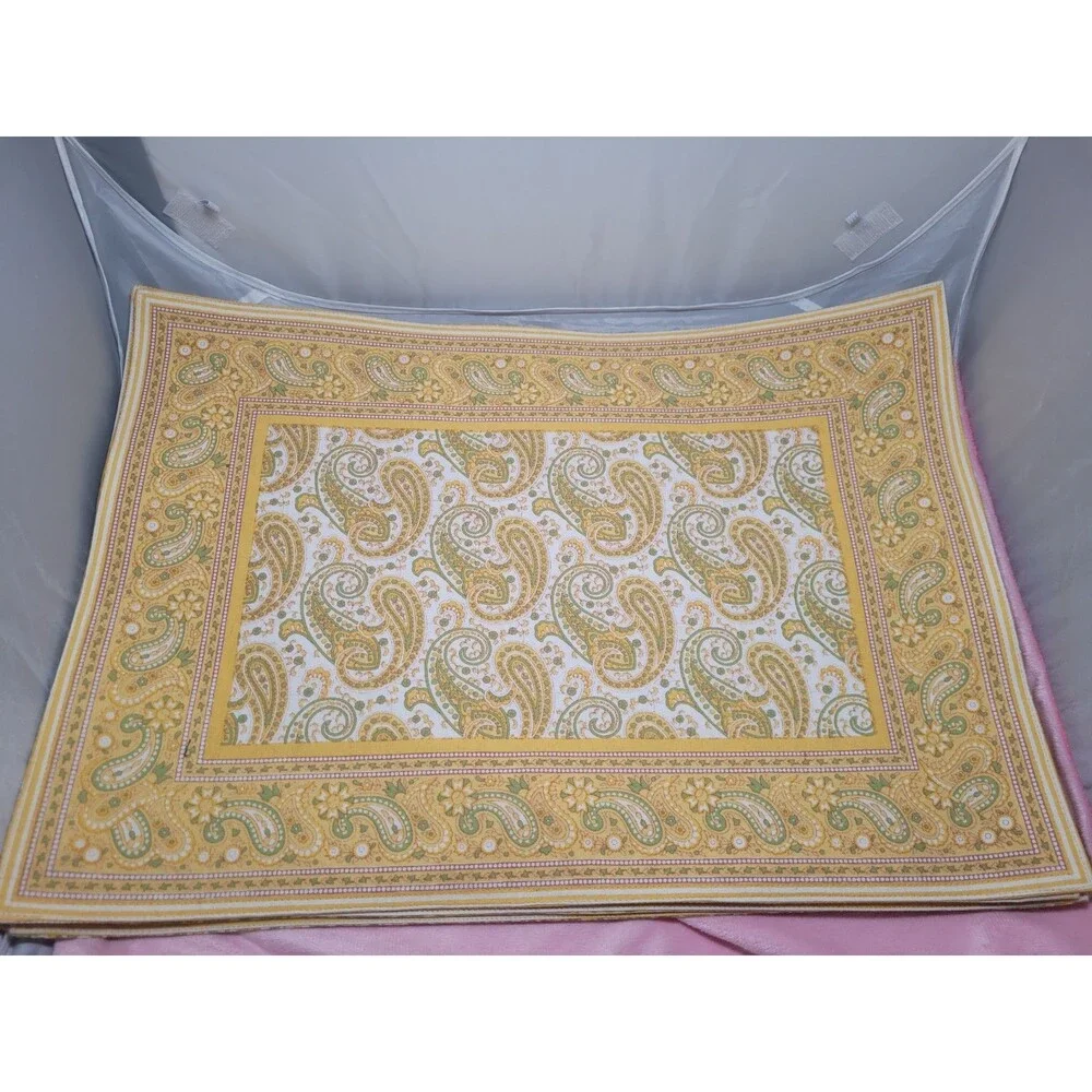 💥 6 ~ VTG Williams Sonoma yellow paisley floral 2 sided placemats 2 Napkins B4